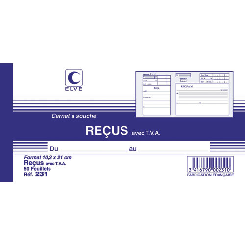 [283466] ELV CARNET RECU AVEC TVA 105X210 50F 231       446B