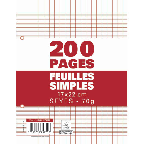 [415866] 1ER SACHET/200P FEUILLET M 70G 17X22 SEY